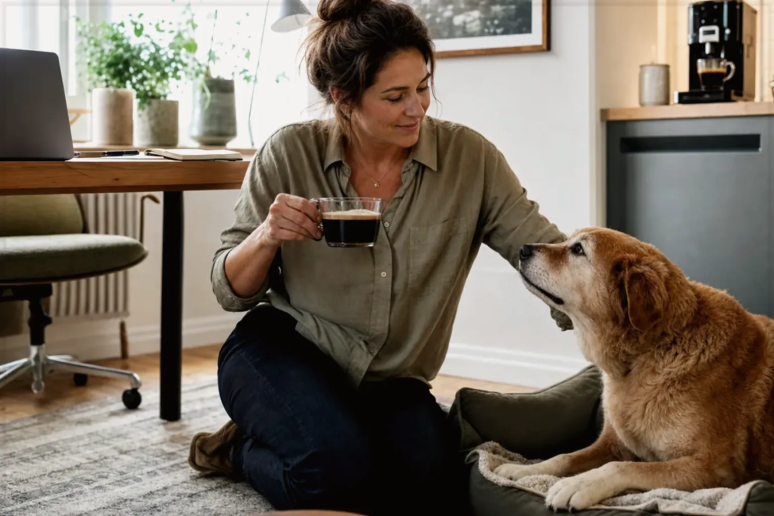 Eine Frau genießt im Homeoffice eine Kaffeepause bei ihrem älteren Hund – gezeigt für Produkte im direkten Vergleich im Orientierungsbereich.