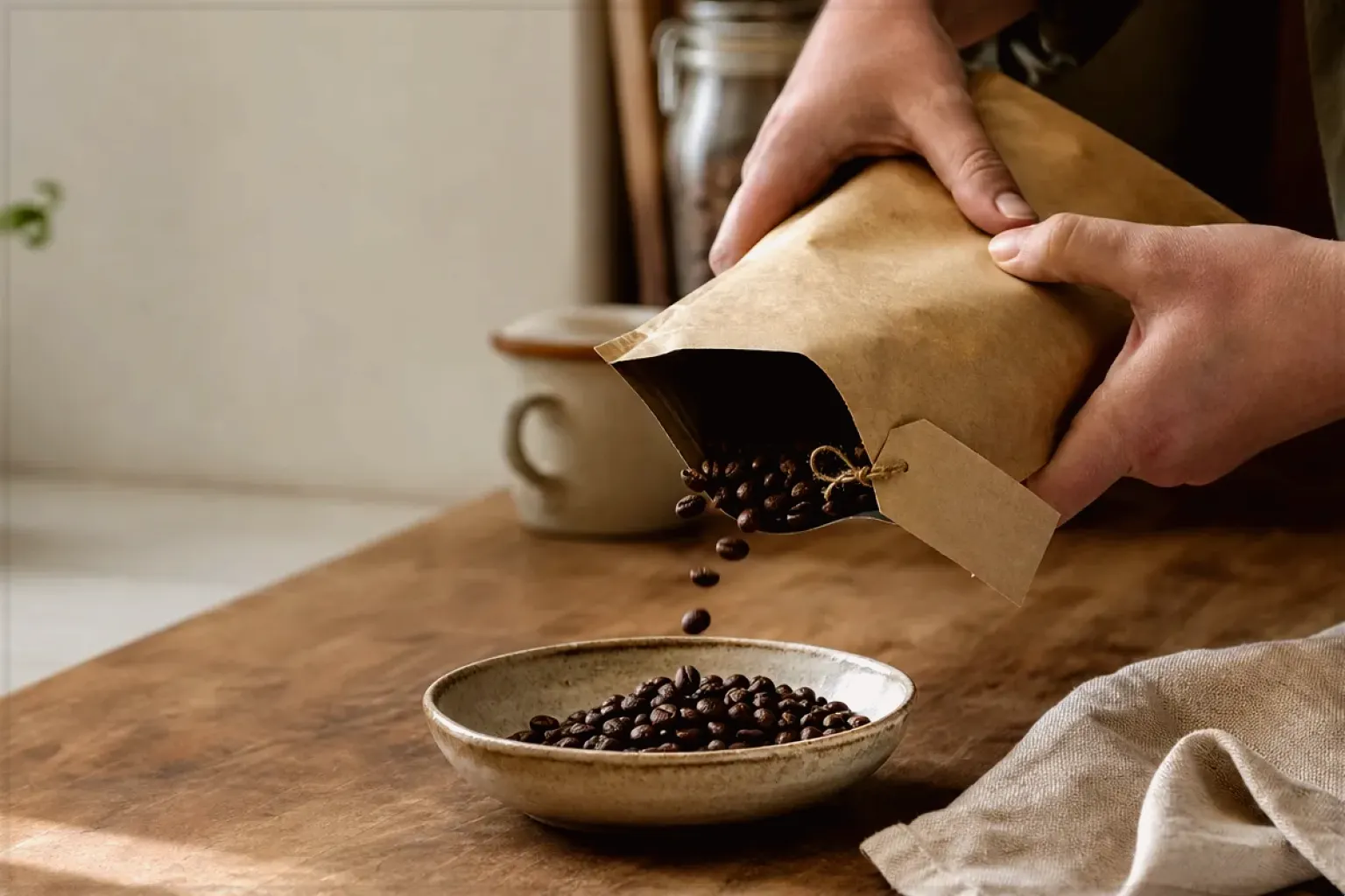 Hände füllen frisch geröstete Kaffeebohnen aus einer Papiertüte in eine Keramikschale – gezeigt für Produkte im direkten Vergleich im Orientierungsbereich.