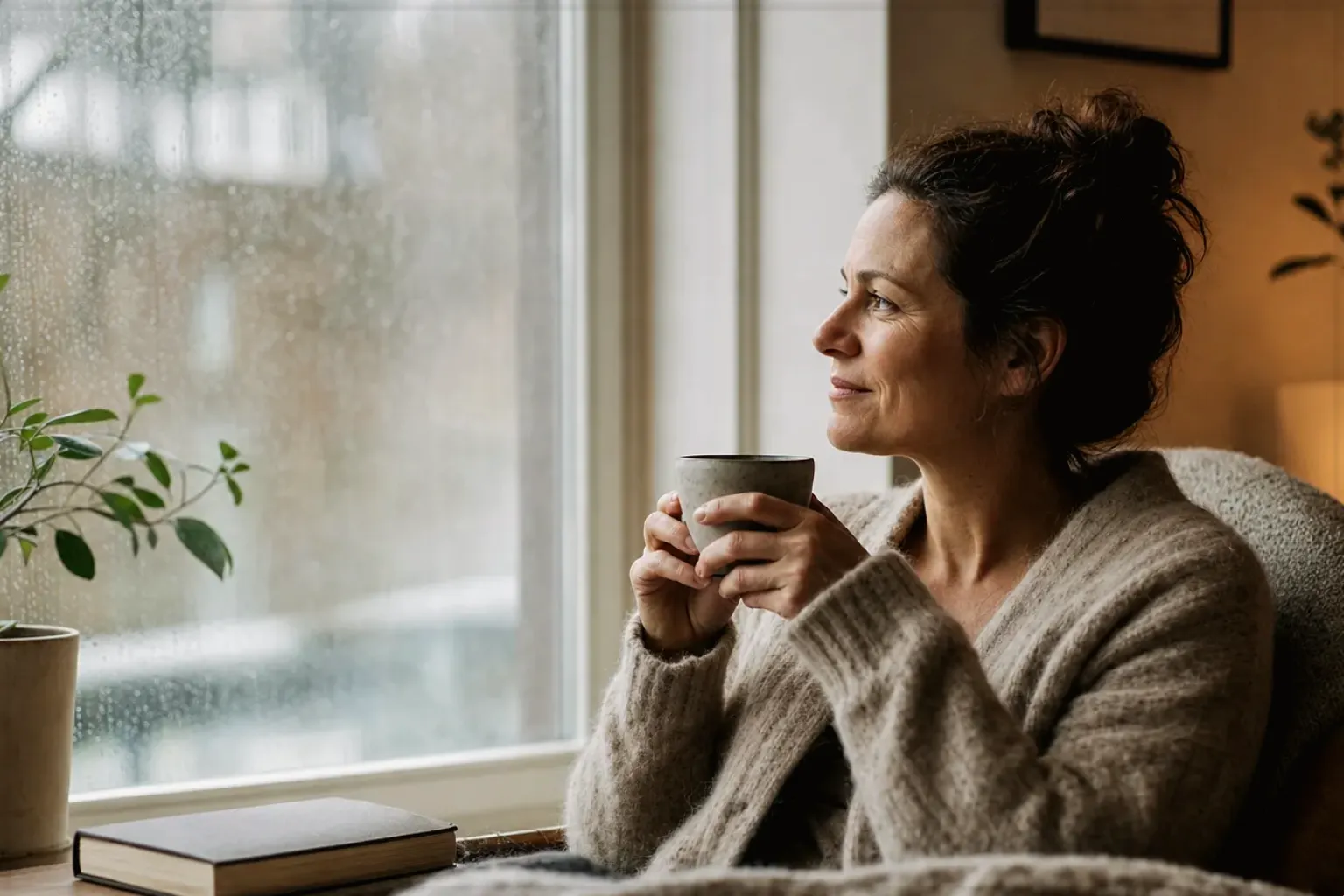 Eine Frau genießt an einem regnerischen Nachmittag ruhig eine Tasse Kaffee am Fenster – gezeigt für Produkte im direkten Vergleich im Orientierungsbereich.