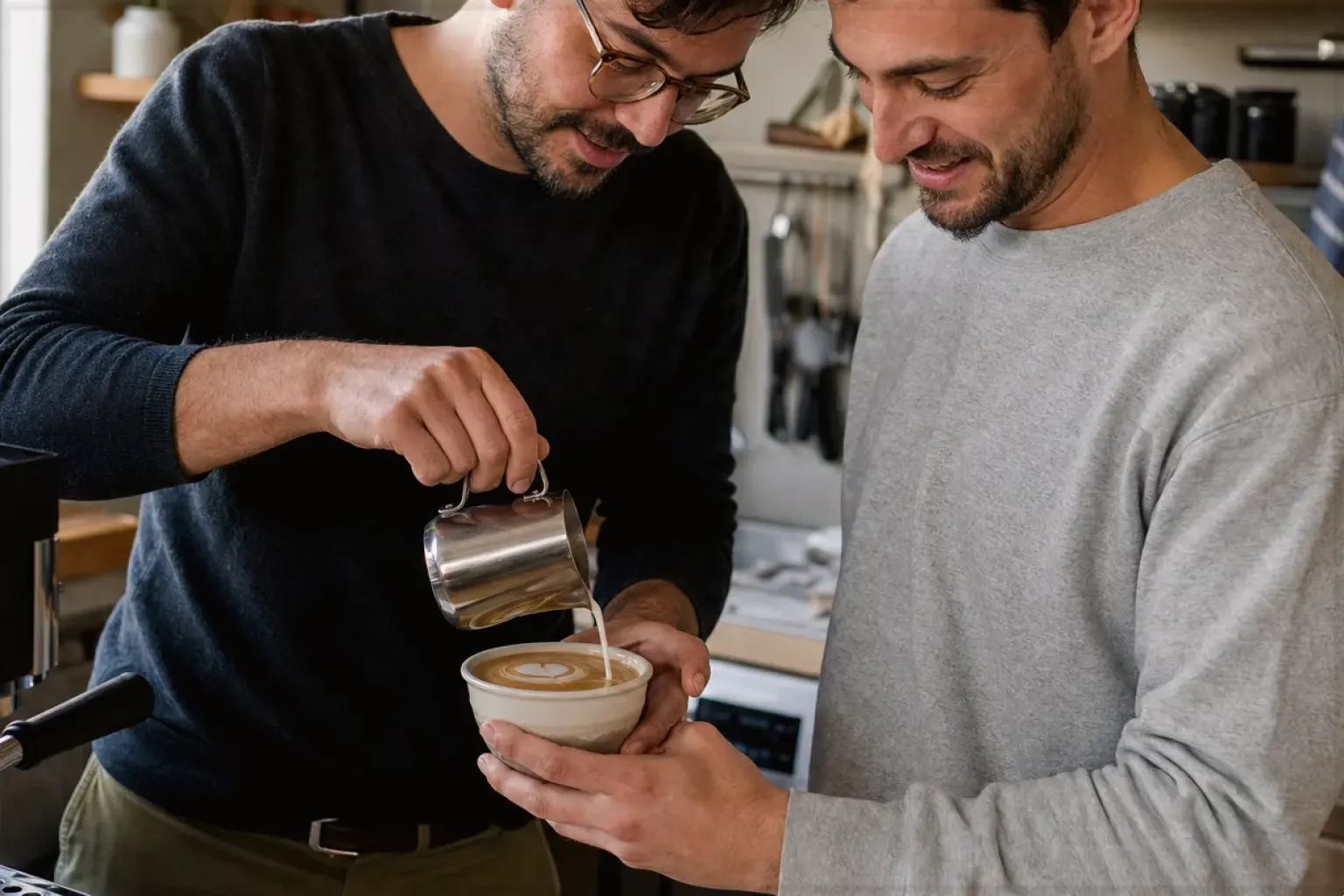 Zwei Freunde freuen sich in einer kleinen Küche über ihre gemeinsam gegossene Latte Art – gezeigt für Produkte im direkten Vergleich im Orientierungsbereich.