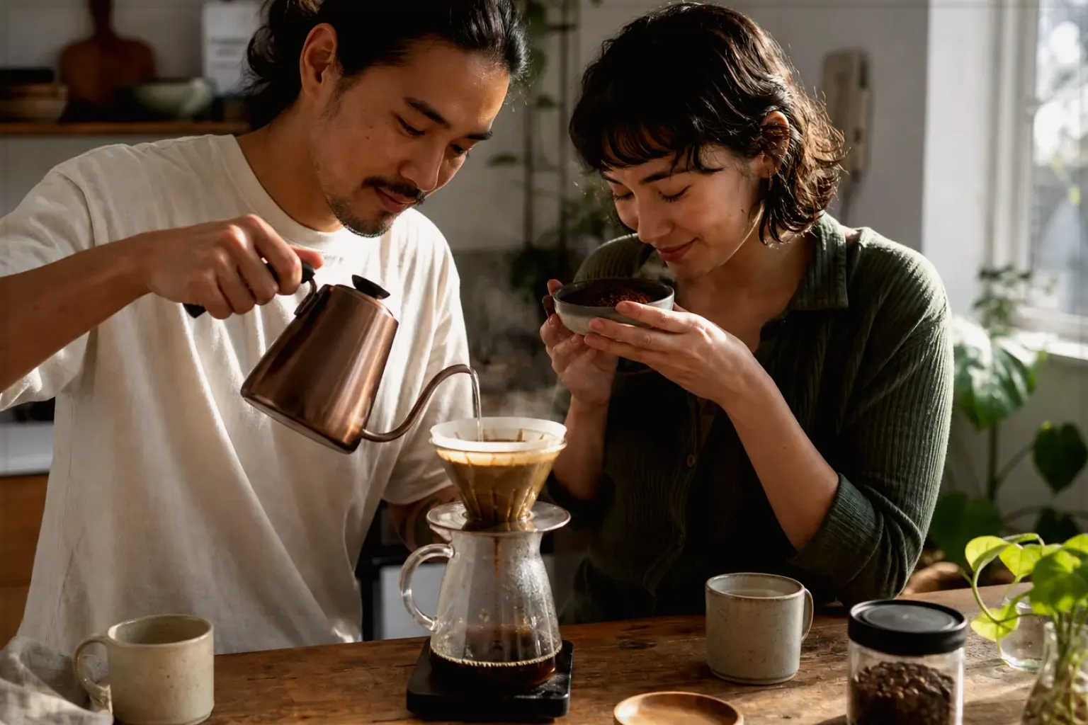 Zwei Menschen bereiten am Wochenende gemeinsam Filterkaffee mit einem Handfilter zu – gezeigt für Produkte im direkten Vergleich im Orientierungsbereich.