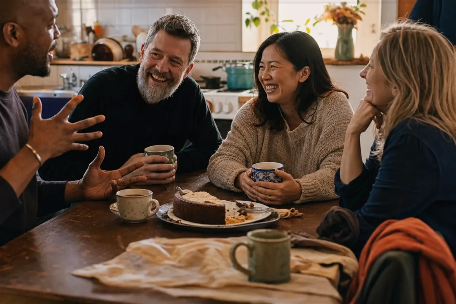 Vier erwachsene Freunde lachen gemeinsam bei Kaffee und selbst gebackenem Kuchen – gezeigt für Produkte im direkten Vergleich im Orientierungsbereich.