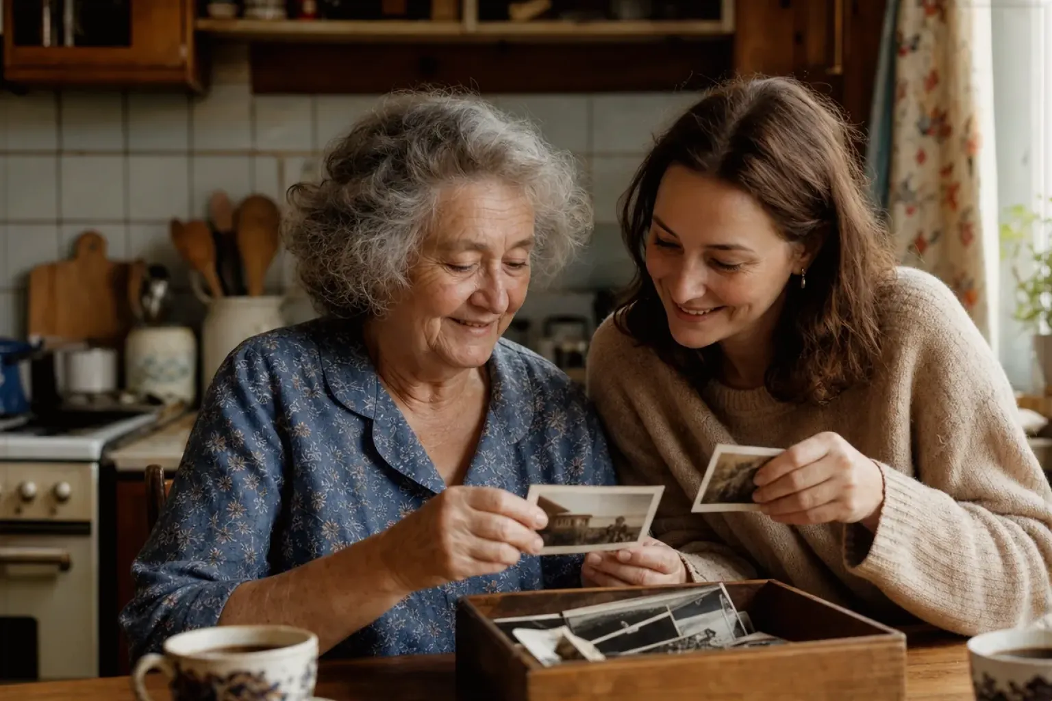 Eine ältere Frau und ihre erwachsene Enkelin betrachten bei Kaffee gemeinsam alte Familienfotos – gezeigt für Produkte im direkten Vergleich im Orientierungsbereich.