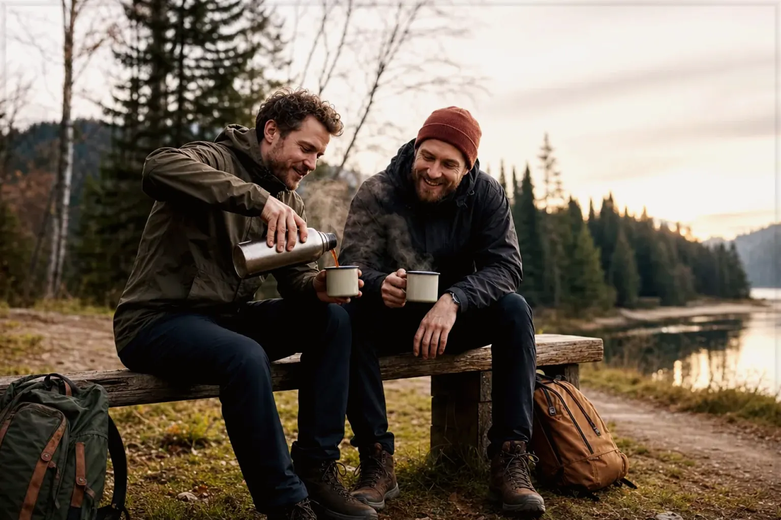 Zwei Freunde teilen auf einer Wanderung heißen Kaffee aus einer Thermoskanne am See – gezeigt für Produkte im direkten Vergleich im Orientierungsbereich.