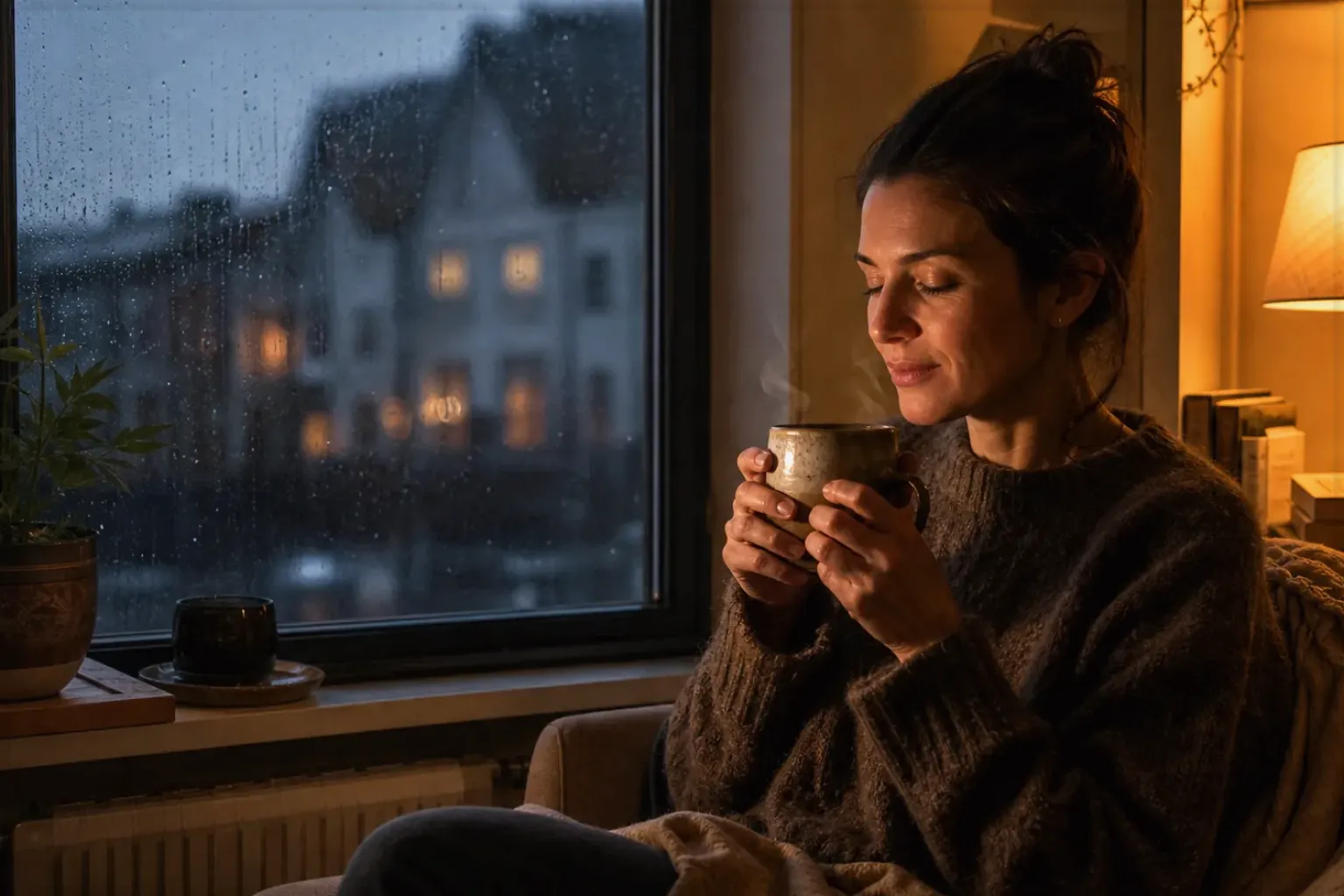 Eine Frau genießt an einem regnerischen Abend ruhig eine warme Tasse Kaffee am Fenster – gezeigt für Produkte im direkten Vergleich im Orientierungsbereich.