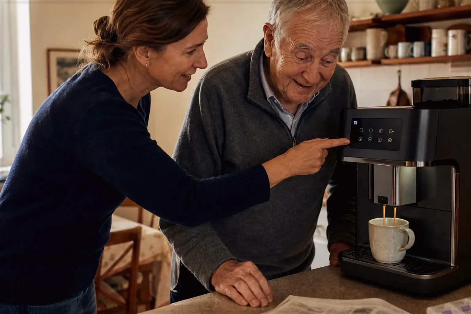 Eine erwachsene Tochter erklärt ihrem Vater verständlich die Bedienung eines Kaffeevollautomaten.