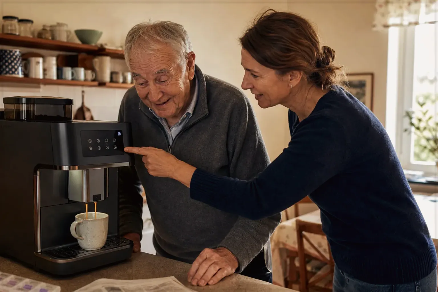 Eine erwachsene Tochter erklärt ihrem älteren Vater in seiner Küche einen Kaffeevollautomaten – gezeigt für Aromajuwel auf der Startseite im Orientierungsbereich.