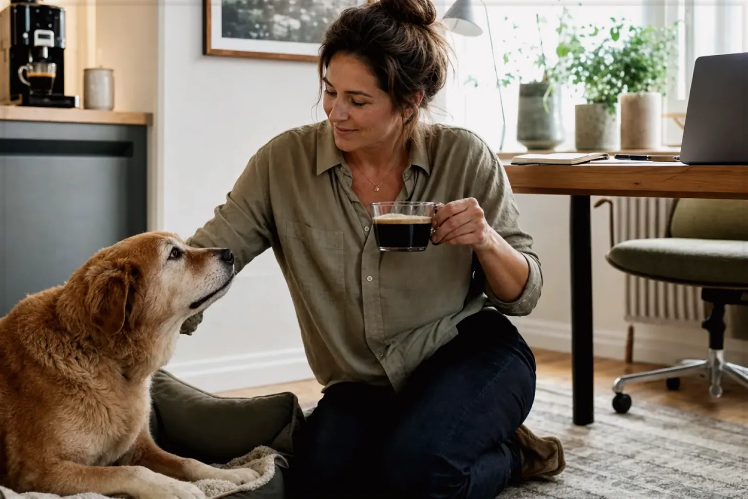 Eine Frau genießt im Homeoffice eine Kaffeepause bei ihrem älteren Hund – gezeigt für Aromajuwel auf der Startseite im Orientierungsbereich.