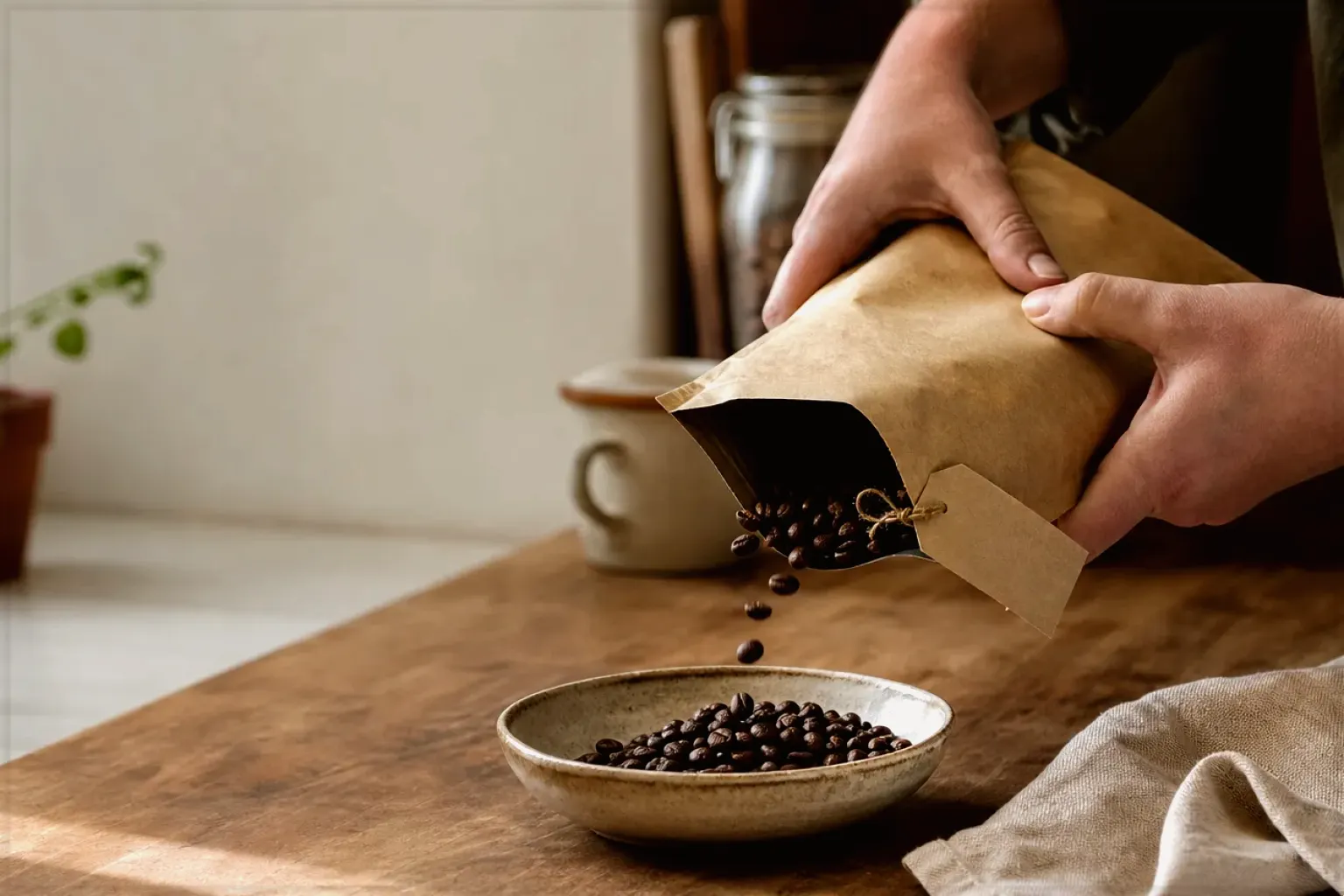 Hände füllen frisch geröstete Kaffeebohnen aus einer Papiertüte in eine Keramikschale – gezeigt für Aromajuwel auf der Startseite im Orientierungsbereich.