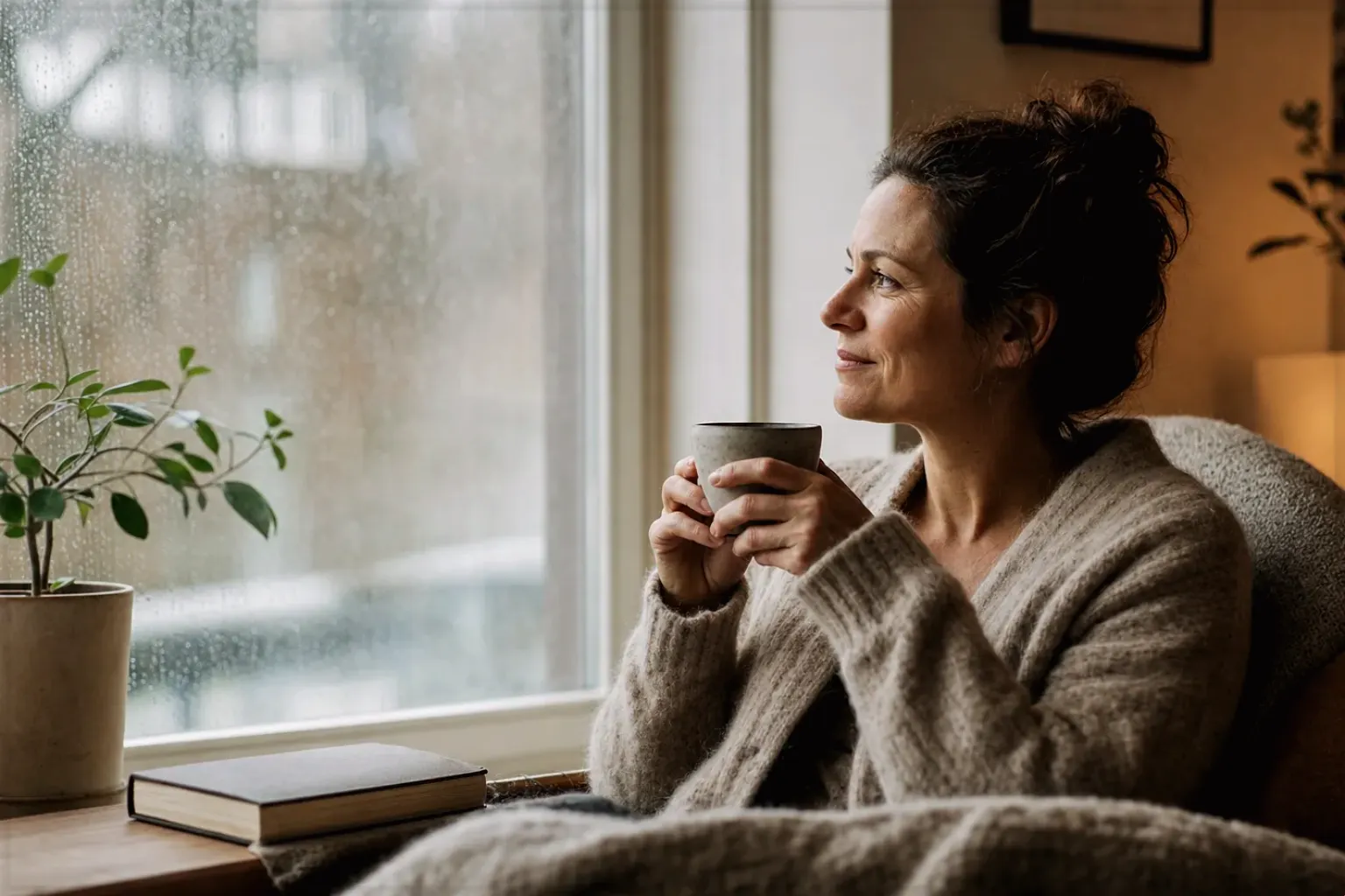 Eine Frau genießt an einem regnerischen Nachmittag ruhig eine Tasse Kaffee am Fenster – gezeigt für Aromajuwel auf der Startseite im Orientierungsbereich.