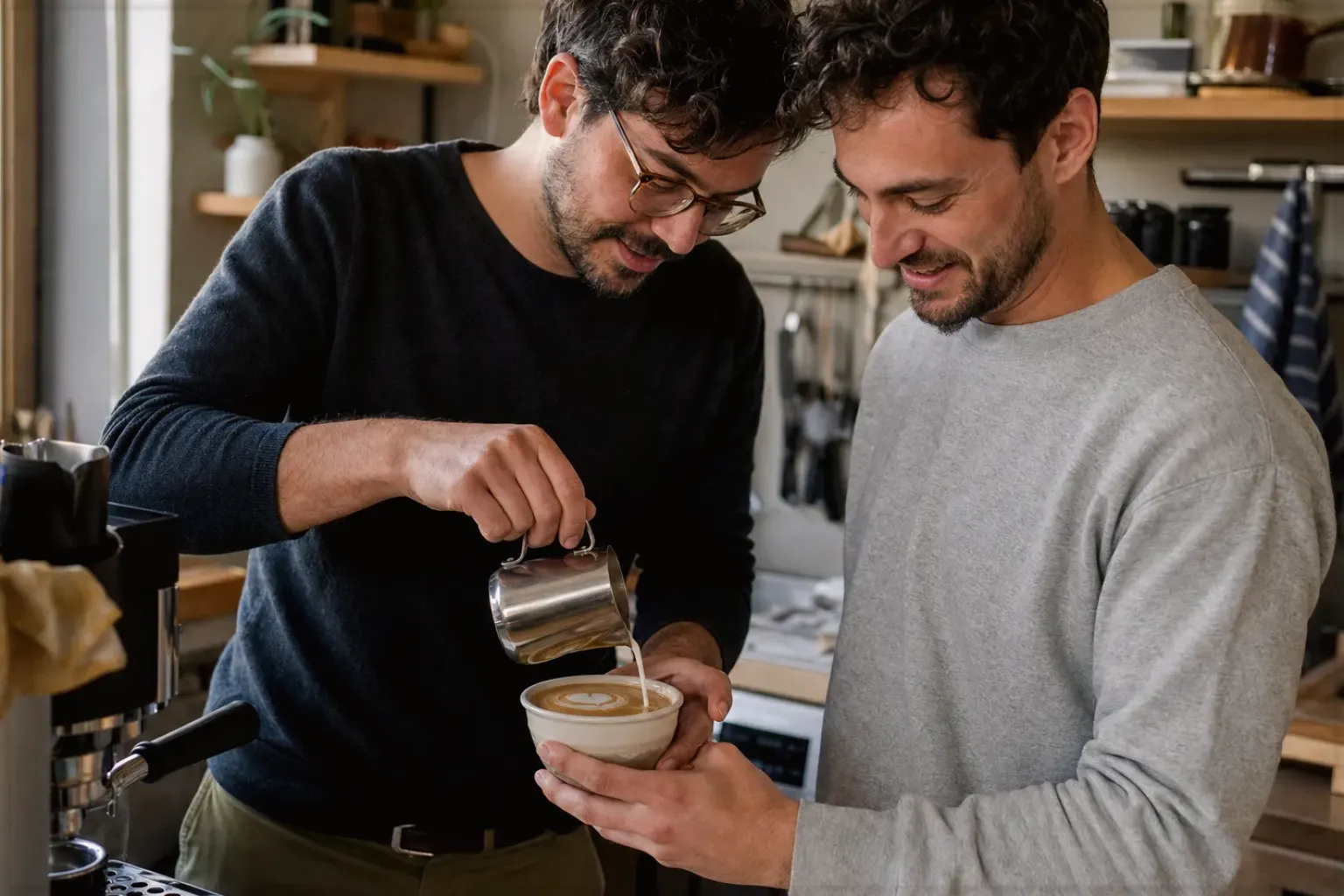 Zwei Freunde freuen sich in einer kleinen Küche über ihre gemeinsam gegossene Latte Art – gezeigt für Aromajuwel auf der Startseite im Orientierungsbereich.