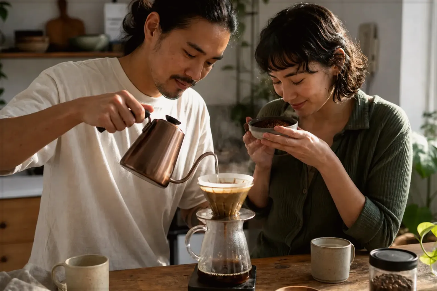Zwei Menschen bereiten am Wochenende gemeinsam Filterkaffee mit einem Handfilter zu – gezeigt für Aromajuwel auf der Startseite im Orientierungsbereich.