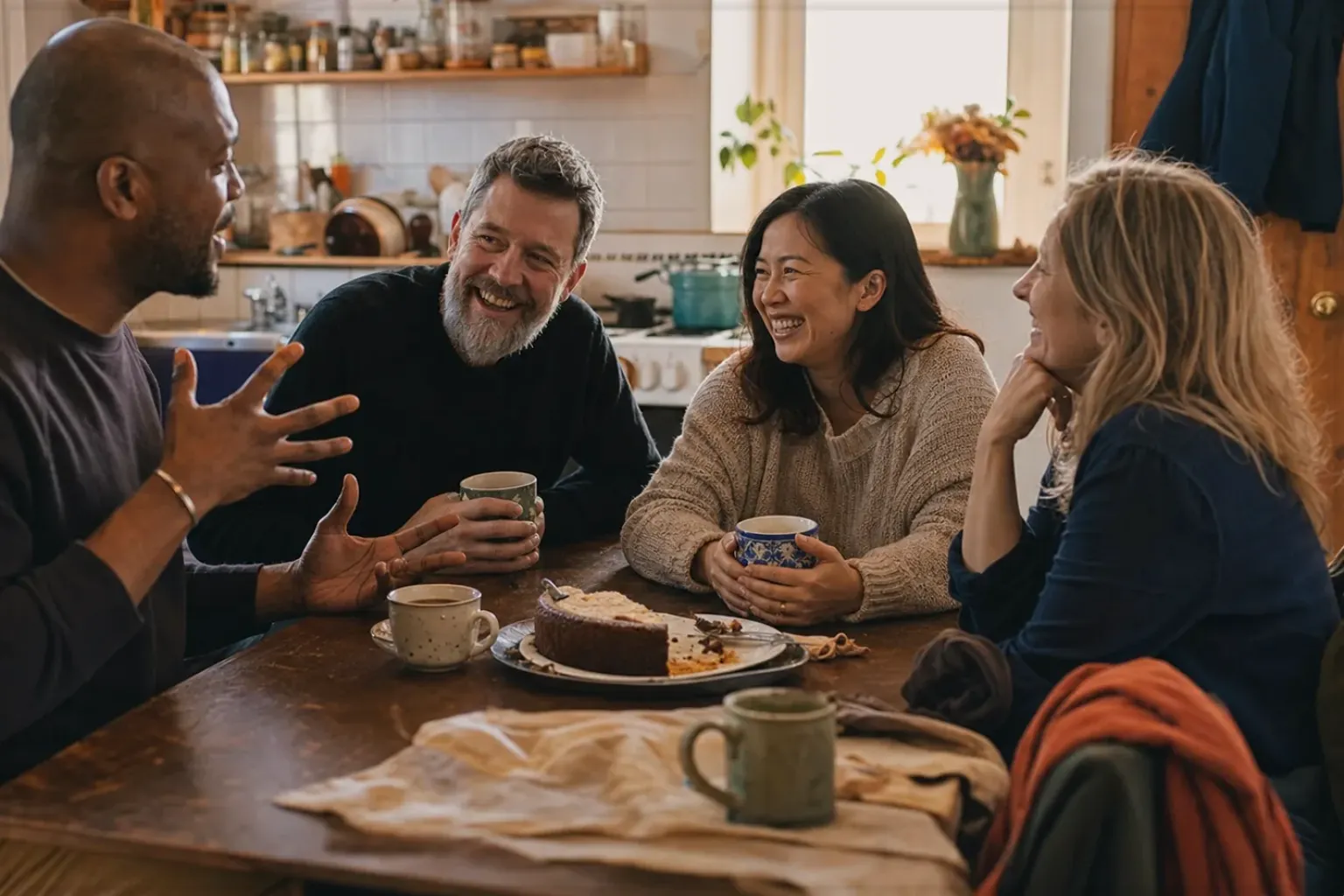 Vier erwachsene Freunde lachen gemeinsam bei Kaffee und selbst gebackenem Kuchen – gezeigt für Aromajuwel auf der Startseite im Orientierungsbereich.