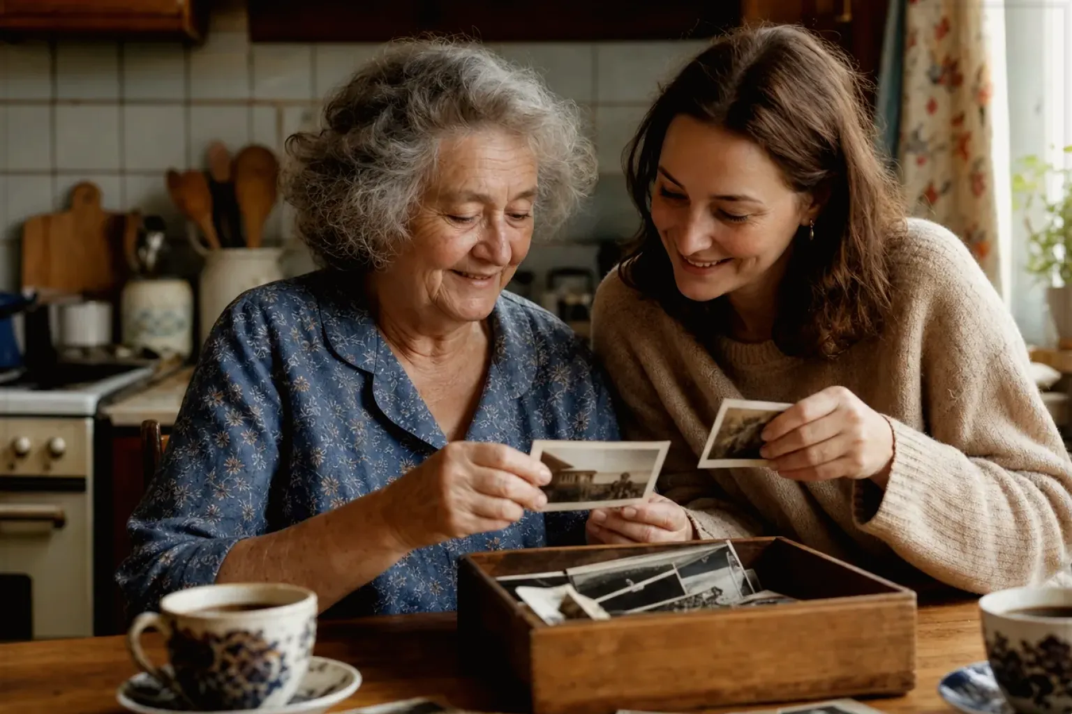 Eine ältere Frau und ihre erwachsene Enkelin betrachten bei Kaffee gemeinsam alte Familienfotos – gezeigt für Aromajuwel auf der Startseite im Orientierungsbereich.