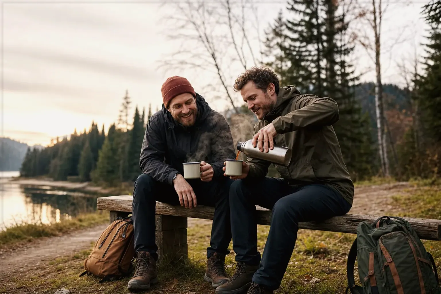 Zwei Freunde teilen auf einer Wanderung heißen Kaffee aus einer Thermoskanne am See – gezeigt für Aromajuwel auf der Startseite im Orientierungsbereich.