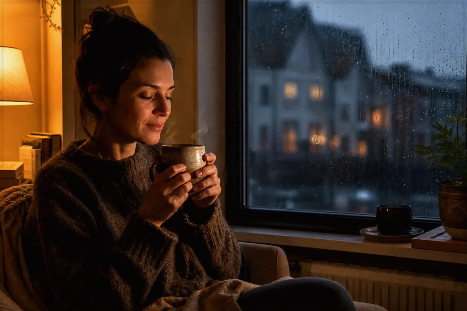 Eine Frau genießt an einem regnerischen Abend ruhig eine warme Tasse Kaffee am Fenster – gezeigt für Aromajuwel auf der Startseite im Orientierungsbereich.
