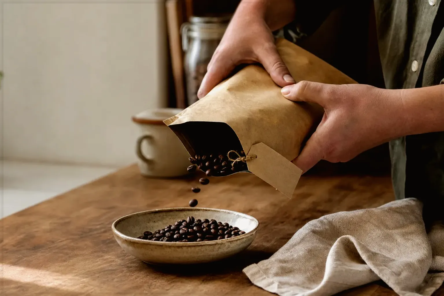 Hände füllen frisch geröstete Kaffeebohnen aus einer Papiertüte in eine Keramikschale – gezeigt für Bohnen im Ratgeberbereich.