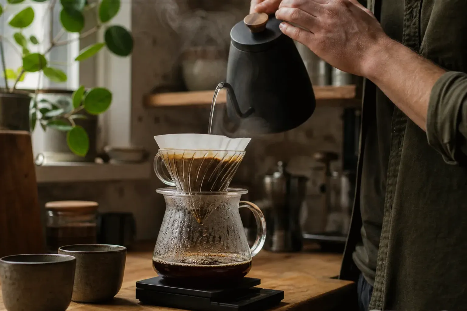 Filterkaffee wird mit einem Schwanenhalskessel von Hand in einer Küche aufgegossen – gezeigt für Bohnen im Ratgeberbereich.
