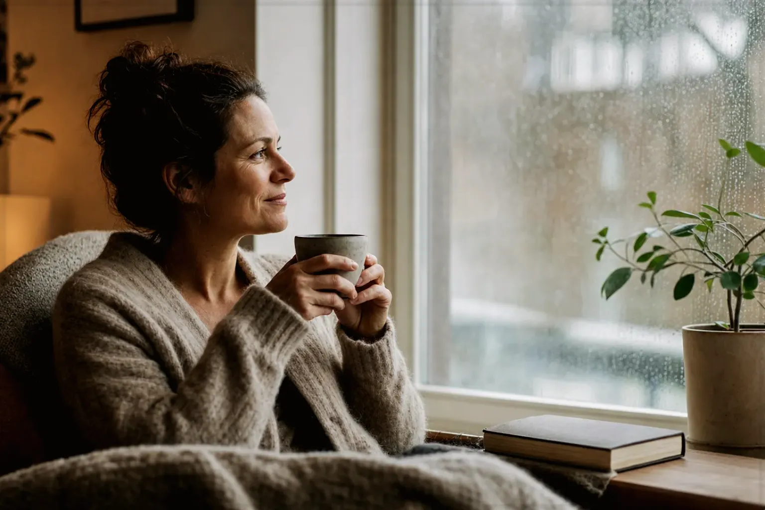 Eine Frau genießt an einem regnerischen Nachmittag ruhig eine Tasse Kaffee am Fenster – gezeigt für Bohnen im Ratgeberbereich.