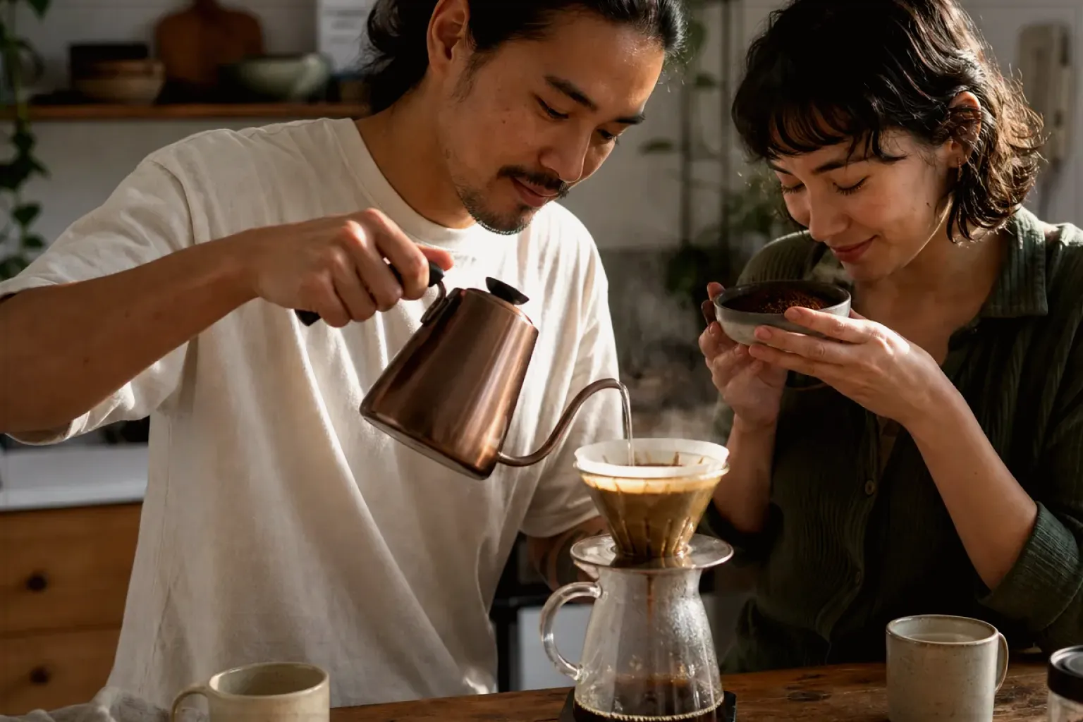 Zwei Menschen bereiten am Wochenende gemeinsam Filterkaffee mit einem Handfilter zu – gezeigt für Bohnen im Ratgeberbereich.