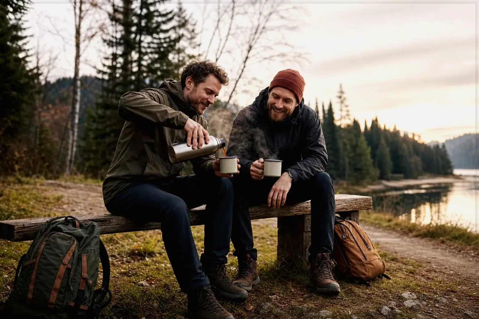 Zwei Freunde teilen auf einer Wanderung heißen Kaffee aus einer Thermoskanne am See – gezeigt für Bohnen im Ratgeberbereich.
