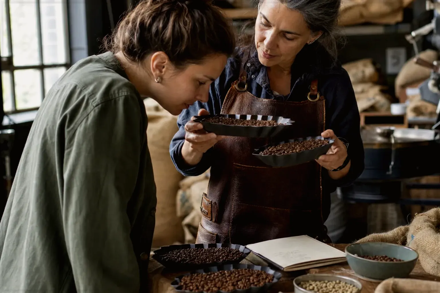 Eine Kaffeerösterin lässt eine Kundin in einer kleinen Rösterei verschiedene frisch geröstete Bohnen riechen – gezeigt für Bohnen im Ratgeberbereich.
