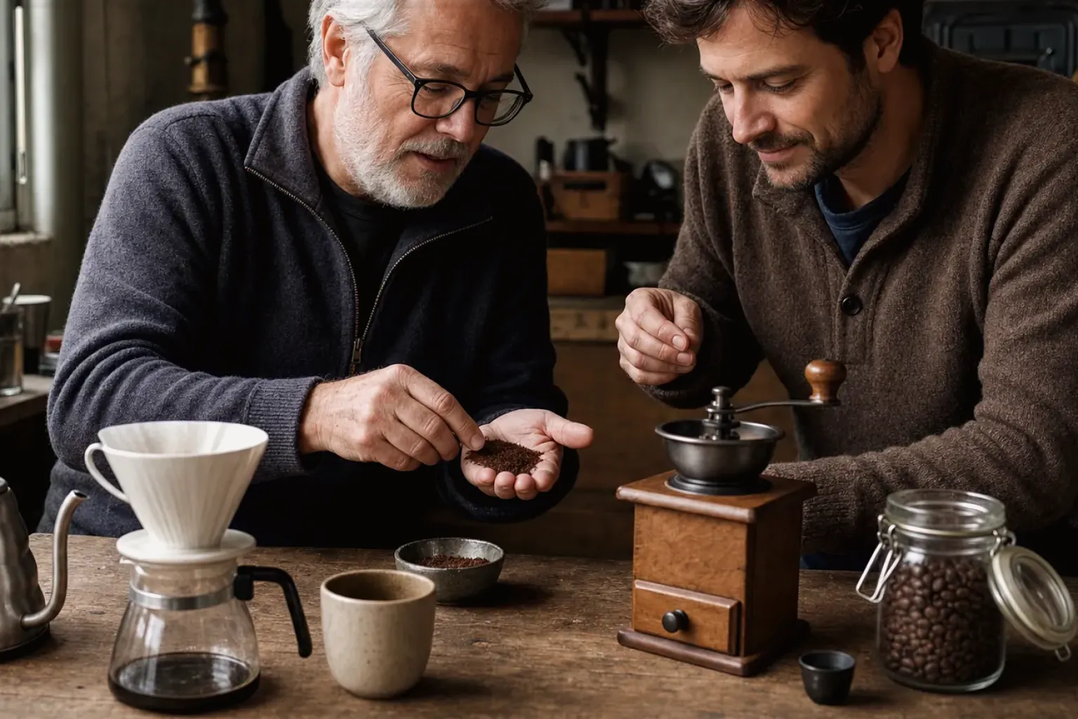 Ein älterer Kaffeeliebhaber zeigt einem jüngeren Erwachsenen gemahlenen Kaffee neben Handmühle und Filter – gezeigt für Bohnen im Ratgeberbereich.