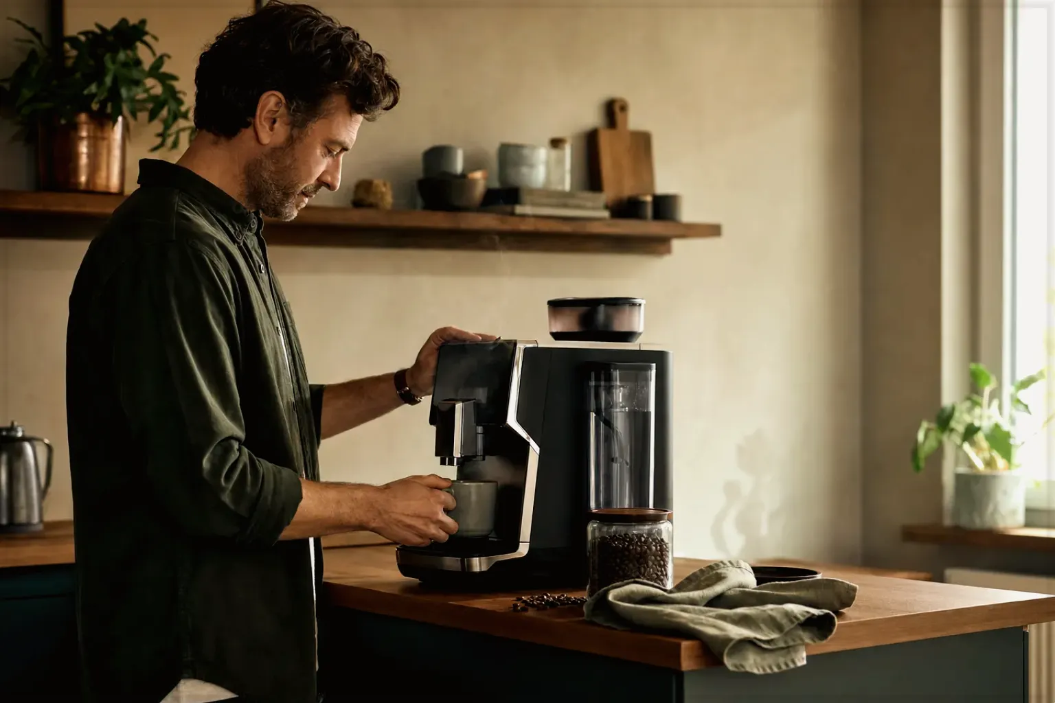 Ein Mann bereitet morgens Kaffee in seiner Küche zu – gezeigt für Bohnen im Ratgeberbereich.