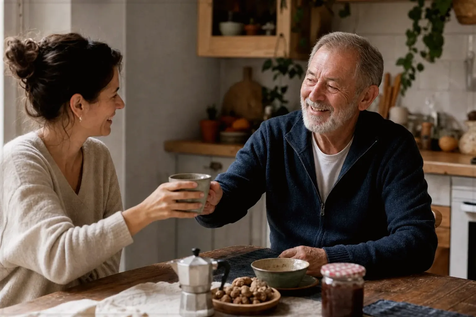 Eine erwachsene Tochter und ihr älterer Vater lachen gemeinsam beim Kaffee in ihrer Küche – gezeigt für Bohnen im Ratgeberbereich.