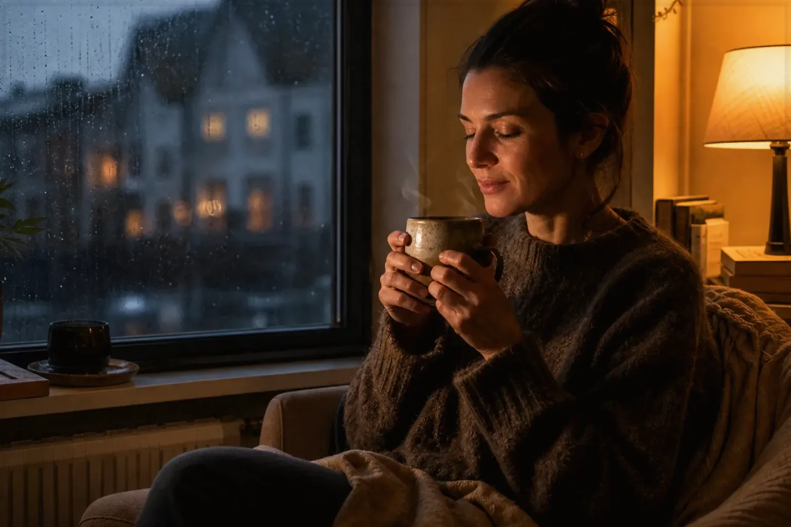 Eine Frau genießt an einem regnerischen Abend ruhig eine warme Tasse Kaffee am Fenster – gezeigt für Bohnen im Ratgeberbereich.