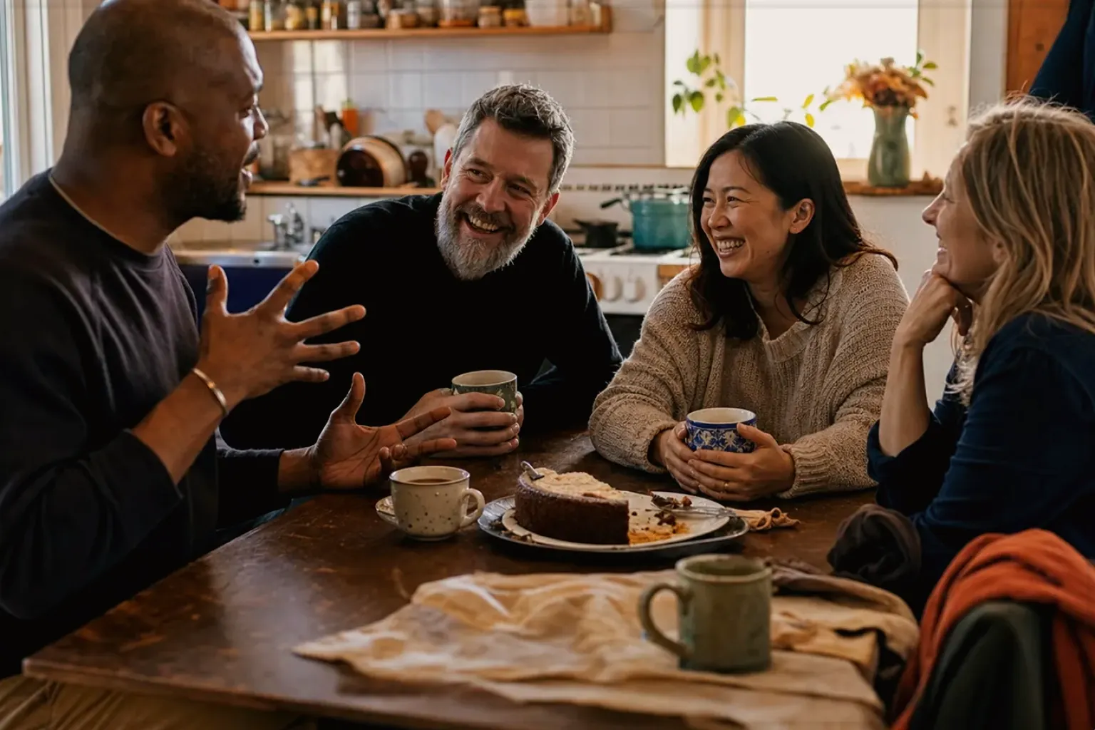 Vier erwachsene Freunde lachen gemeinsam bei Kaffee und selbst gebackenem Kuchen – gezeigt für Bohnen im Ratgeberbereich.