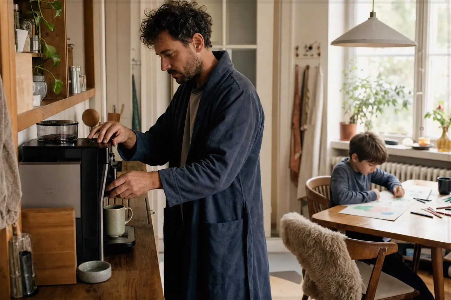 Ein Vater bereitet morgens Kaffee zu, während sein Kind am Küchentisch malt – gezeigt für Bohnen im Ratgeberbereich.