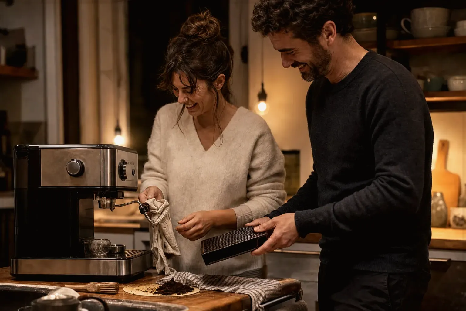 Ein Paar reinigt am Abend gemeinsam und gut gelaunt seine Espressomaschine in der Küche – gezeigt für Bohnen im Ratgeberbereich.