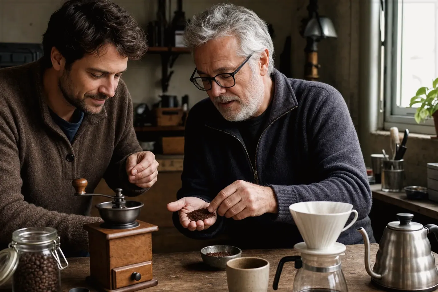 Ein erfahrener Kaffeeliebhaber erklärt einem jüngeren Erwachsenen Mahlgrad und Kaffeetextur.