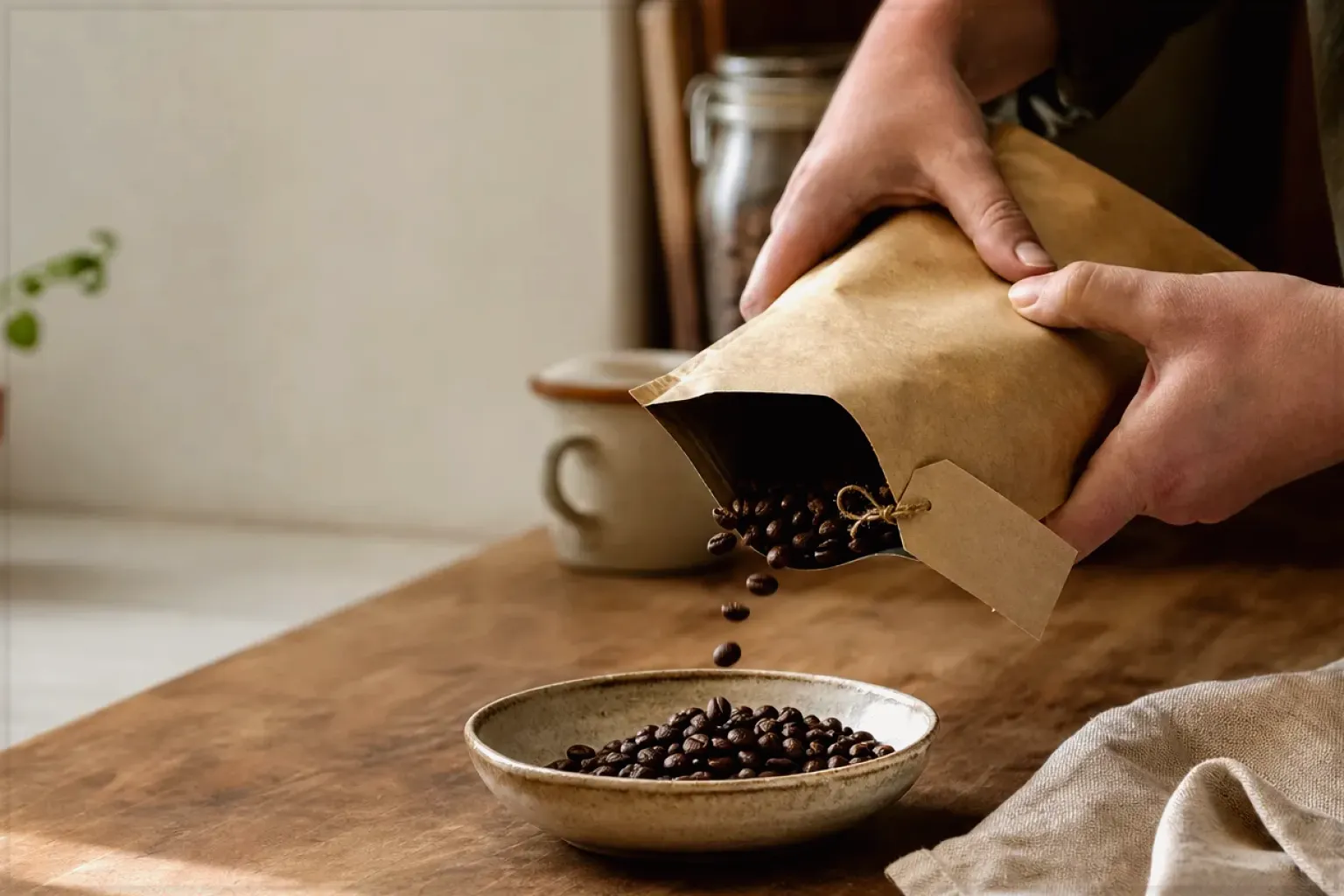 Hände füllen frisch geröstete Kaffeebohnen aus einer Papiertüte in eine Keramikschale – gezeigt für Fehlerhilfe im Ratgeberbereich.