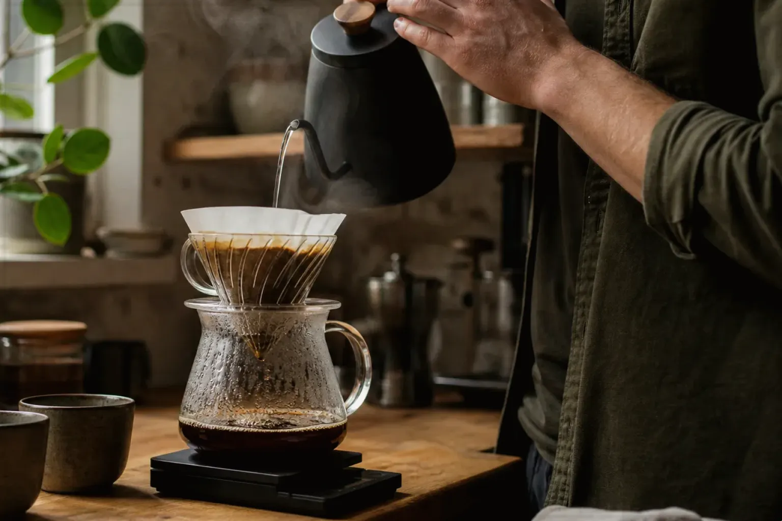 Filterkaffee wird mit einem Schwanenhalskessel von Hand in einer Küche aufgegossen – gezeigt für Fehlerhilfe im Ratgeberbereich.