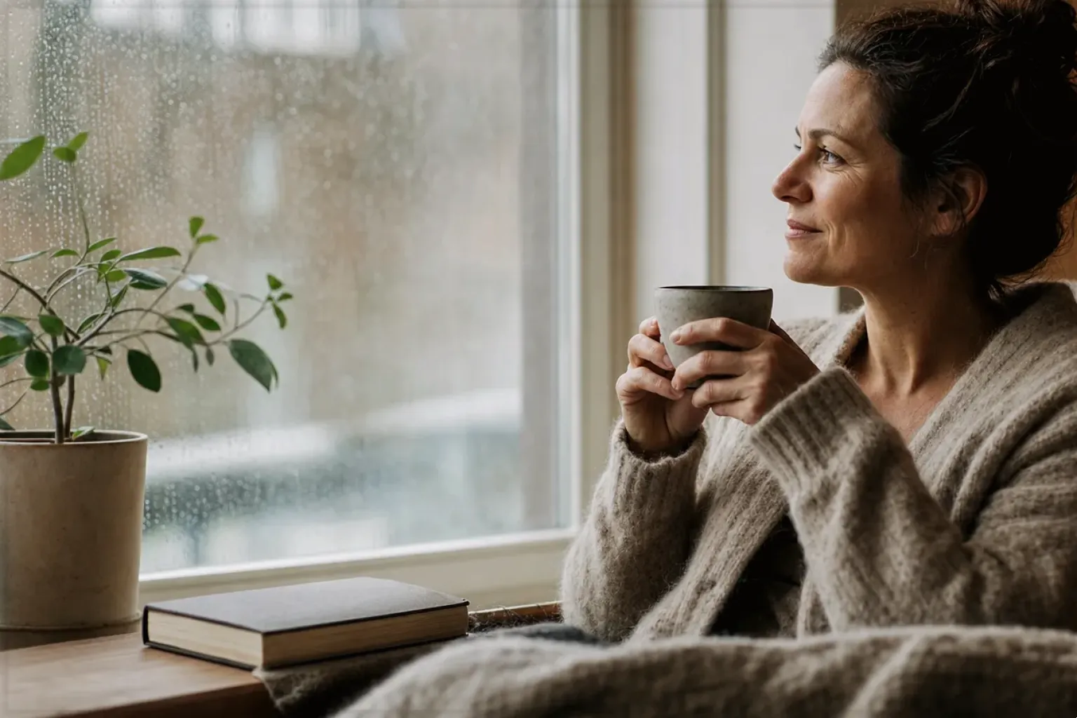 Eine Frau genießt an einem regnerischen Nachmittag ruhig eine Tasse Kaffee am Fenster – gezeigt für Fehlerhilfe im Ratgeberbereich.