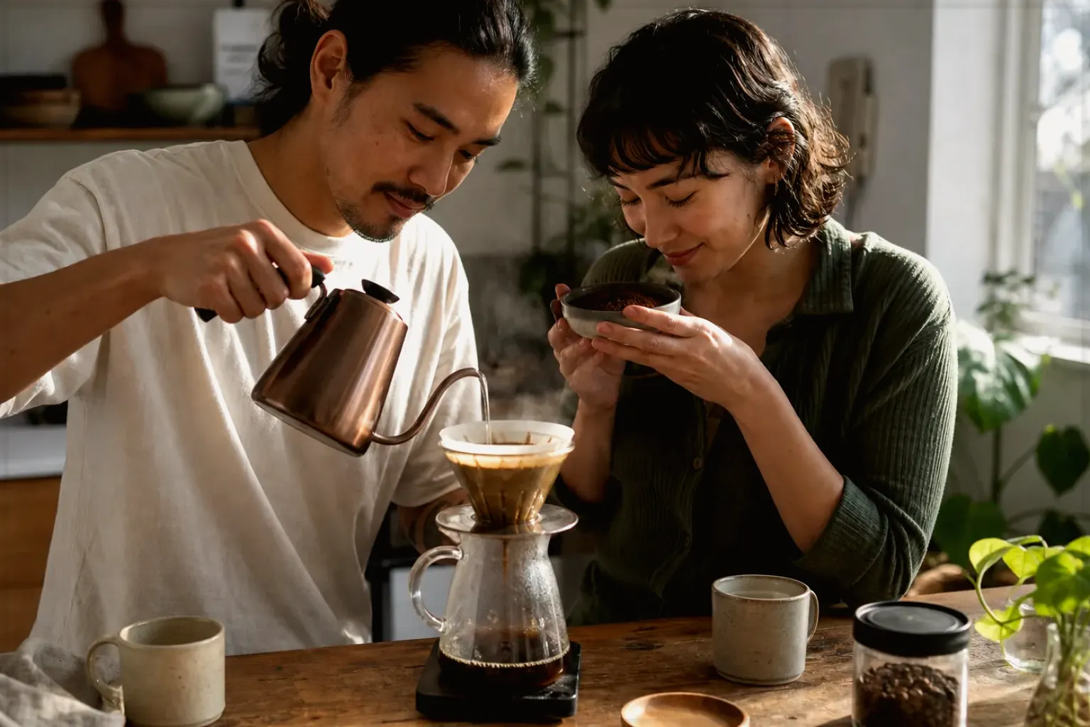 Zwei Menschen bereiten am Wochenende gemeinsam Filterkaffee mit einem Handfilter zu – gezeigt für Fehlerhilfe im Ratgeberbereich.