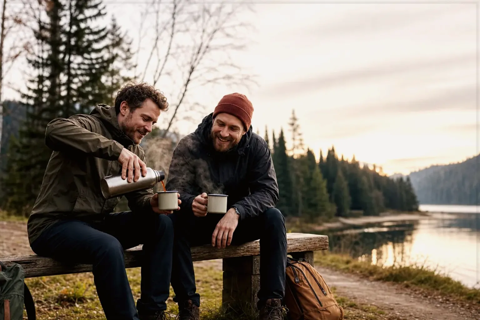 Zwei Freunde teilen auf einer Wanderung heißen Kaffee aus einer Thermoskanne am See – gezeigt für Fehlerhilfe im Ratgeberbereich.