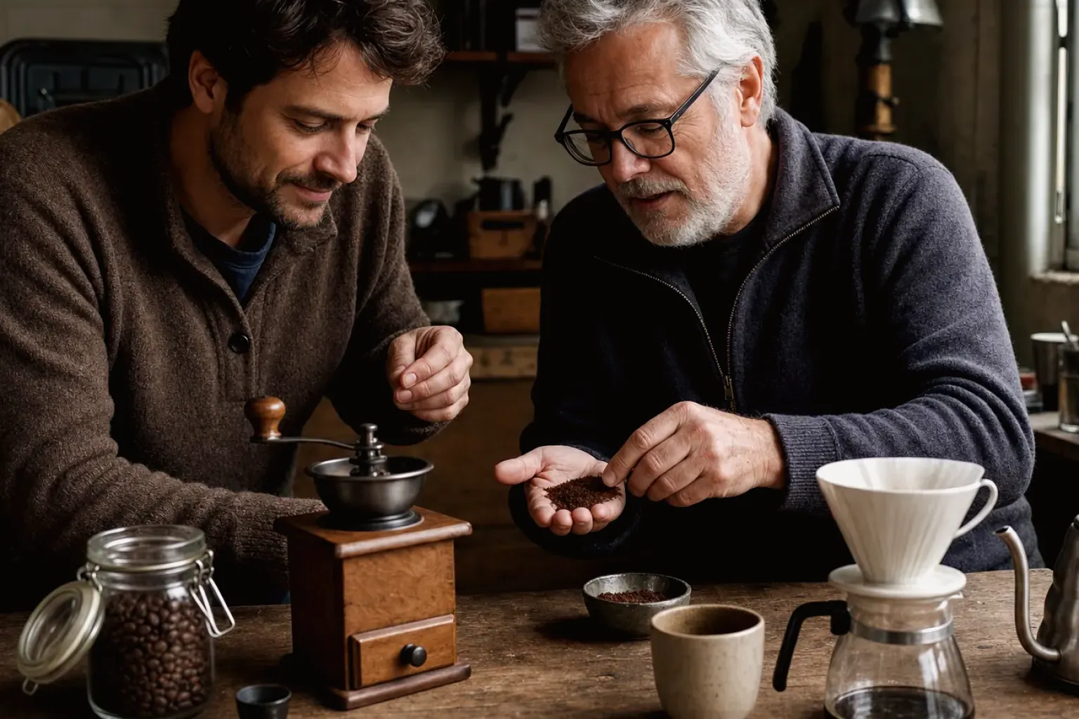 Ein älterer Kaffeeliebhaber zeigt einem jüngeren Erwachsenen gemahlenen Kaffee neben Handmühle und Filter – gezeigt für Fehlerhilfe im Ratgeberbereich.