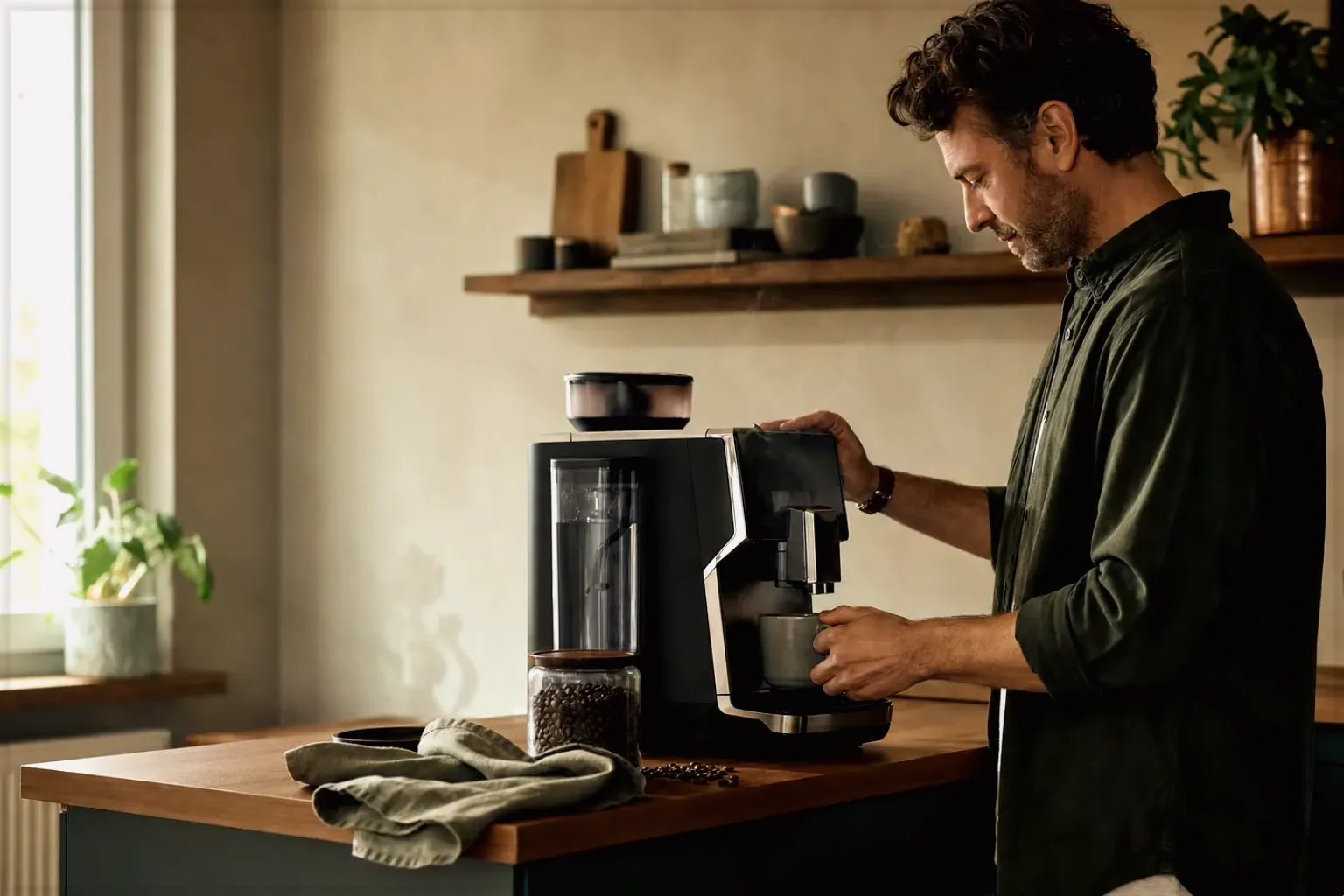 Ein Mann bereitet morgens Kaffee in seiner Küche zu – gezeigt für Fehlerhilfe im Ratgeberbereich.
