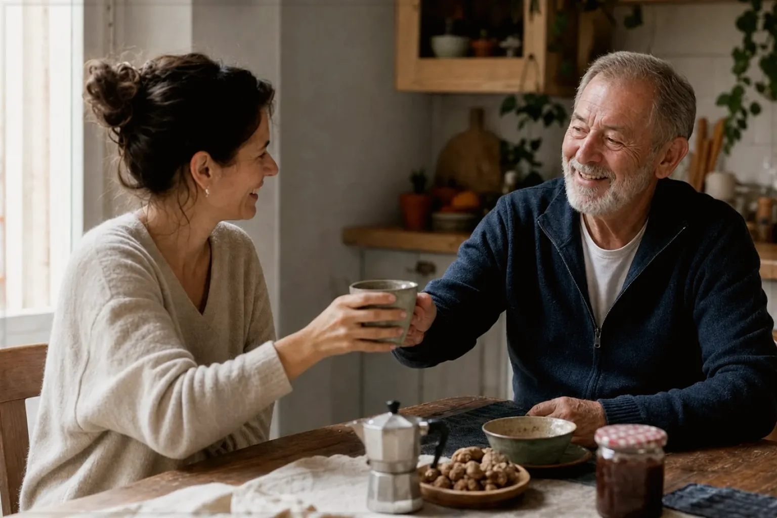 Eine erwachsene Tochter und ihr älterer Vater lachen gemeinsam beim Kaffee in ihrer Küche – gezeigt für Fehlerhilfe im Ratgeberbereich.