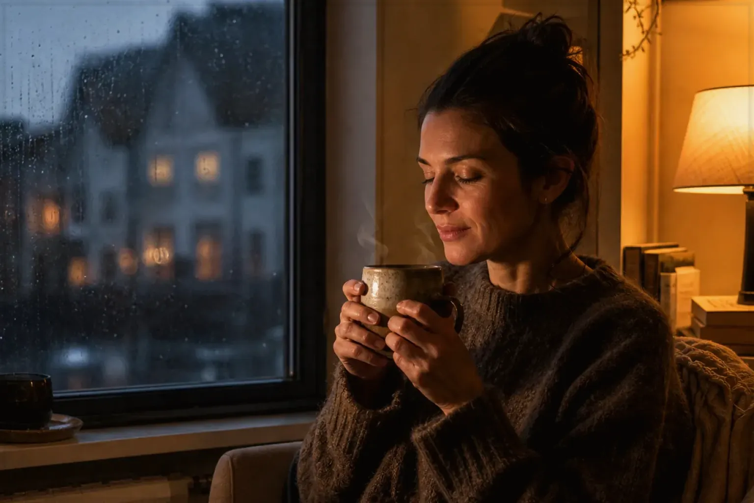 Eine Frau genießt an einem regnerischen Abend ruhig eine warme Tasse Kaffee am Fenster – gezeigt für Fehlerhilfe im Ratgeberbereich.