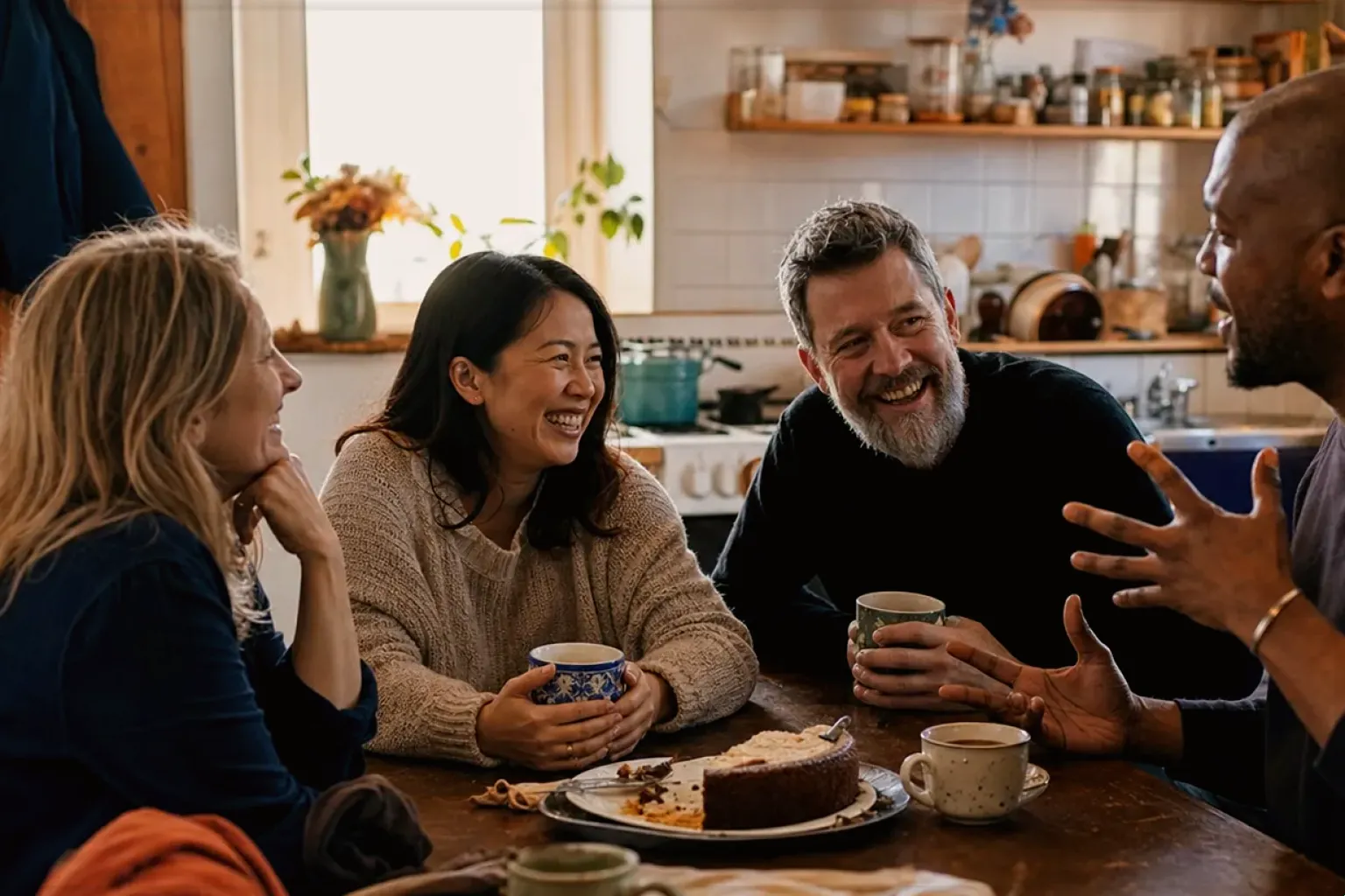 Vier erwachsene Freunde lachen gemeinsam bei Kaffee und selbst gebackenem Kuchen – gezeigt für Fehlerhilfe im Ratgeberbereich.