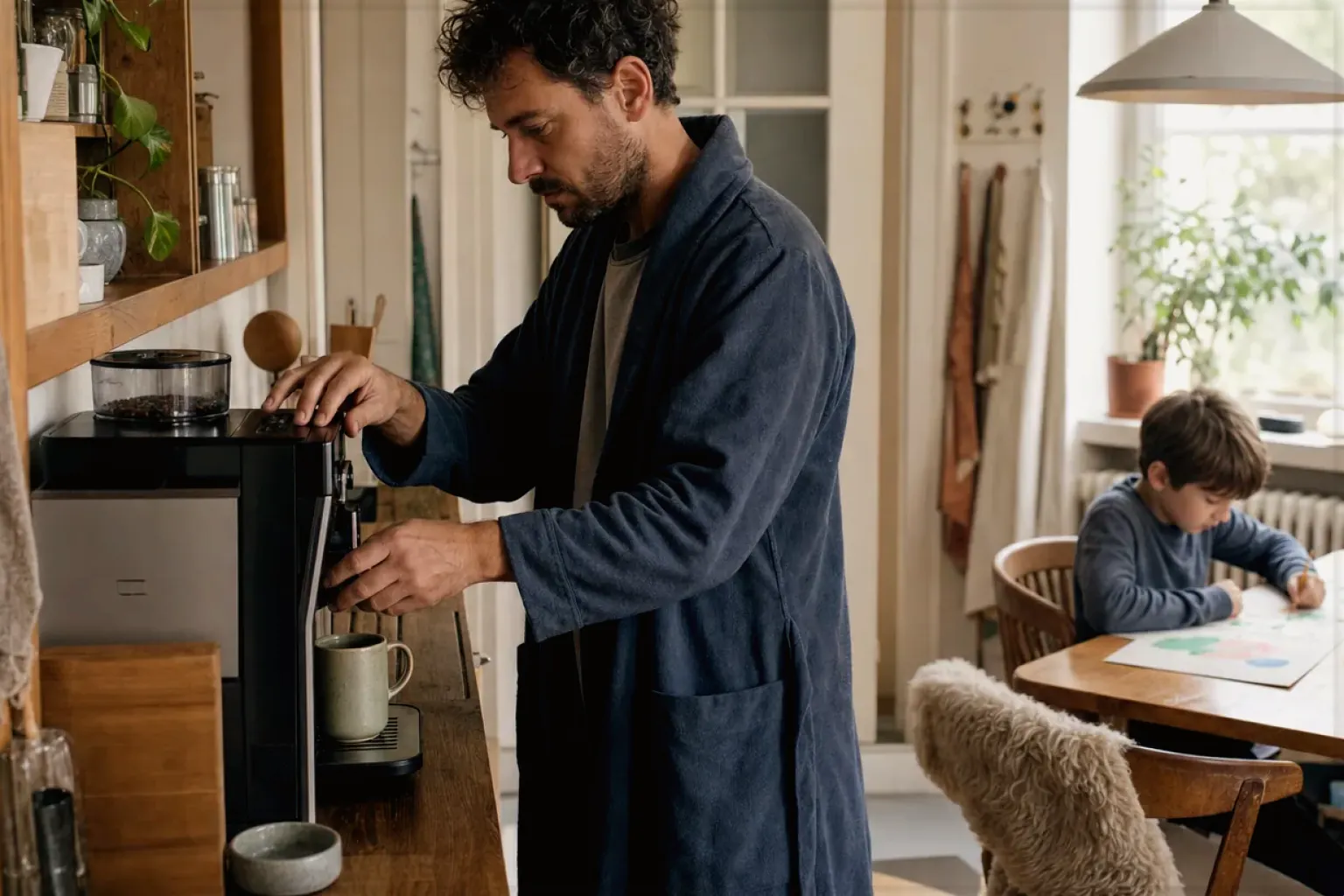 Ein Vater bereitet morgens Kaffee zu, während sein Kind am Küchentisch malt – gezeigt für Fehlerhilfe im Ratgeberbereich.