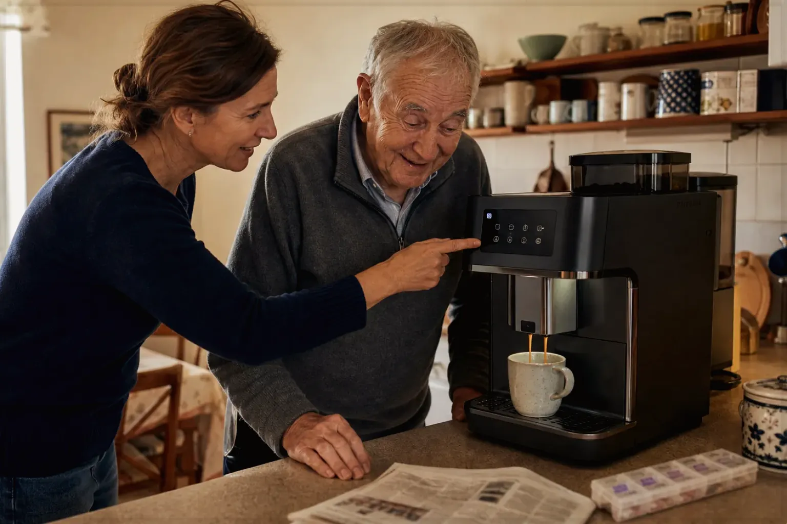Eine erwachsene Tochter erklärt ihrem Vater verständlich die Bedienung eines Kaffeevollautomaten.