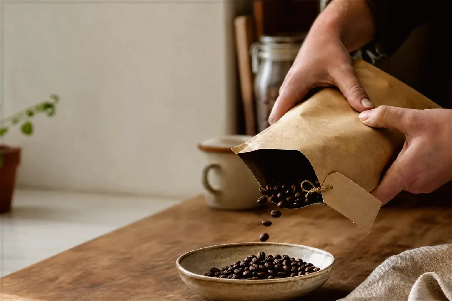 Hände füllen frisch geröstete Kaffeebohnen aus einer Papiertüte in eine Keramikschale – gezeigt für Fehlerhilfe im Ratgeberbereich.