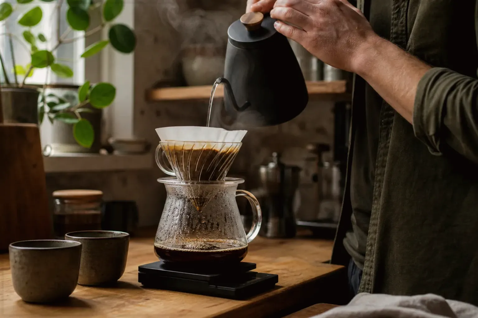Filterkaffee wird mit einem Schwanenhalskessel von Hand in einer Küche aufgegossen – gezeigt für Fehlerhilfe im Ratgeberbereich.