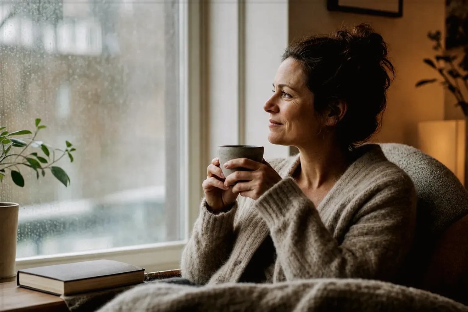 Eine Frau genießt an einem regnerischen Nachmittag ruhig eine Tasse Kaffee am Fenster – gezeigt für Fehlerhilfe im Ratgeberbereich.