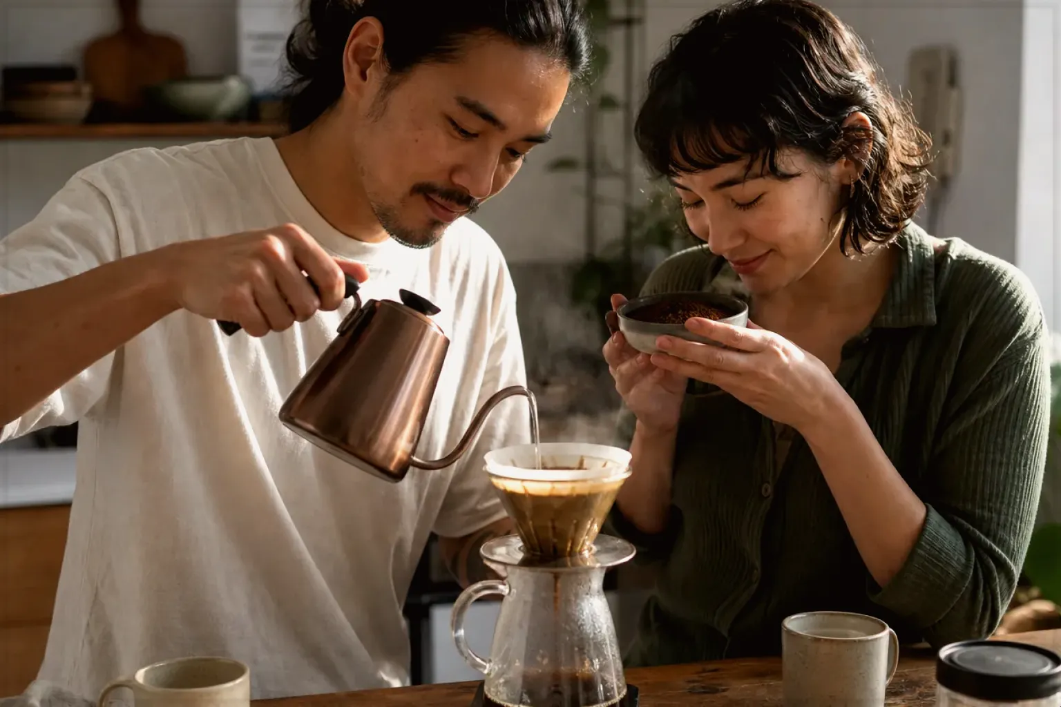 Zwei Menschen bereiten am Wochenende gemeinsam Filterkaffee mit einem Handfilter zu – gezeigt für Fehlerhilfe im Ratgeberbereich.
